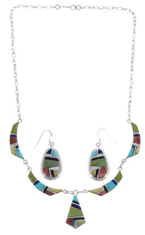Multicolor Silver Earrings And Link Necklace Set GS75434